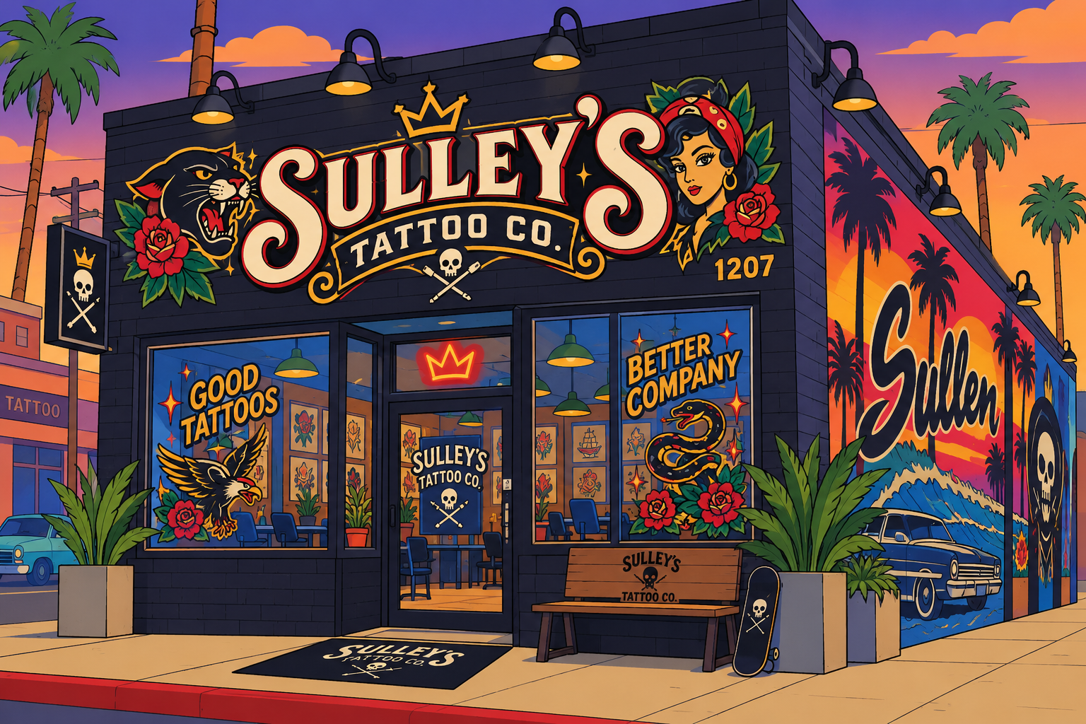 Illustrated Sulley's Tattoo Co. storefront with tattoo murals and palm trees at sunset